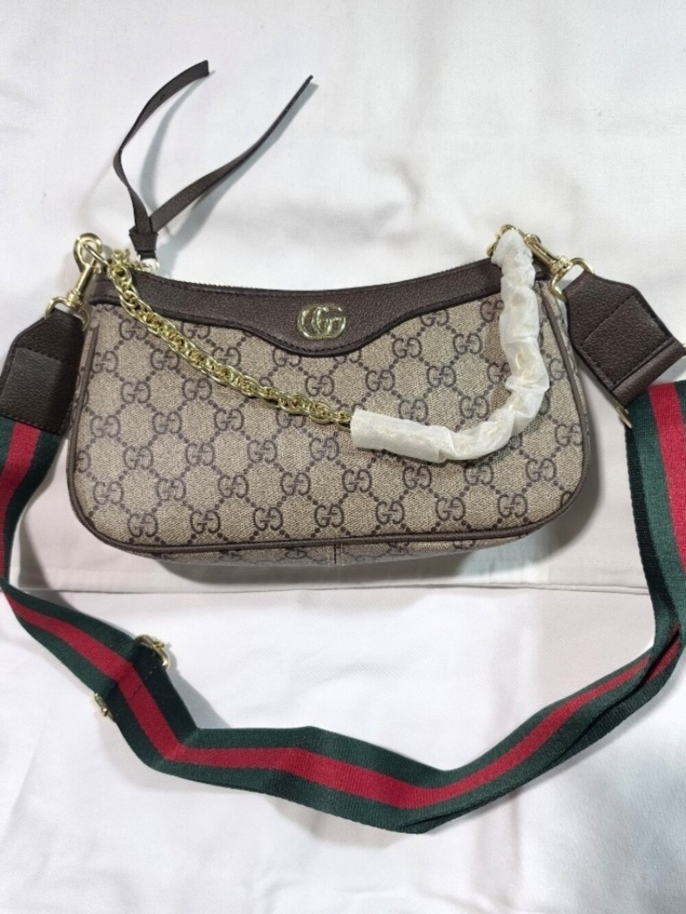 Beige Crossbody Bag with Red-Green Web Strap